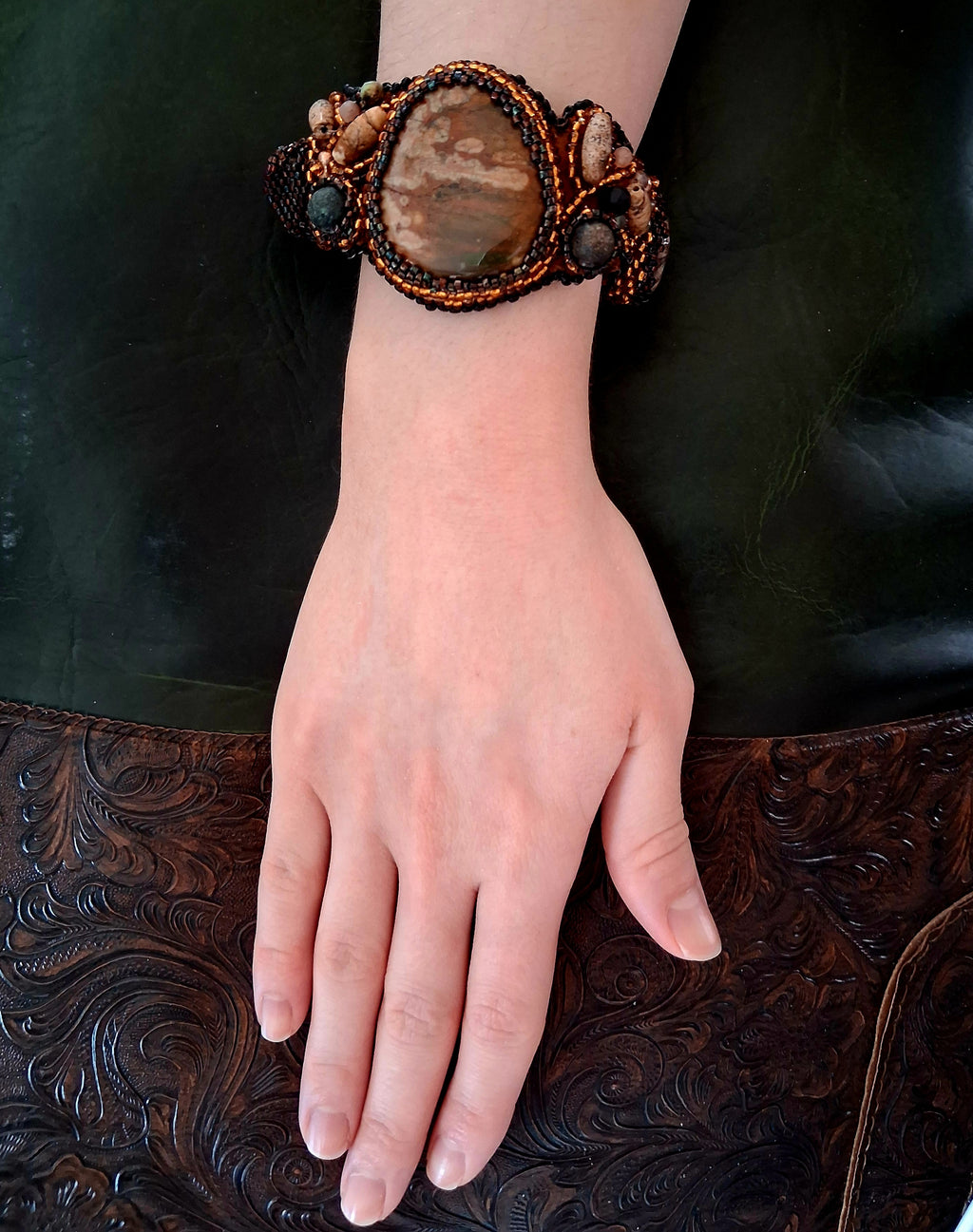 Bracelet "The Echo of Time" & Rhyolite &Turritella Agates